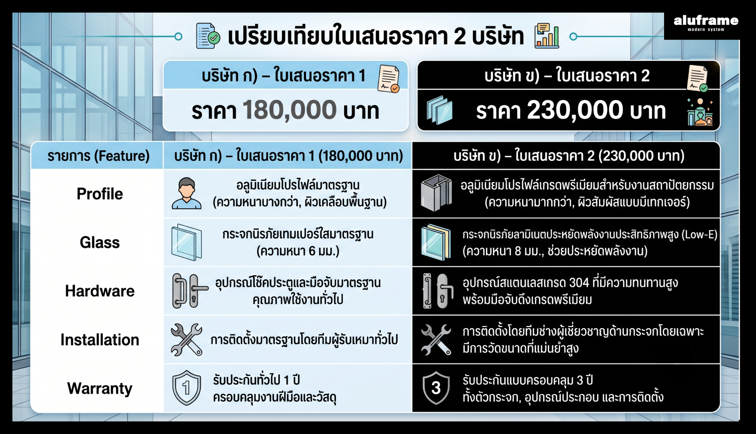 ตารางสรุปปัจจัยที่มีผลต่อ ราคาประตูหน้าต่างอลูมิเนียม
