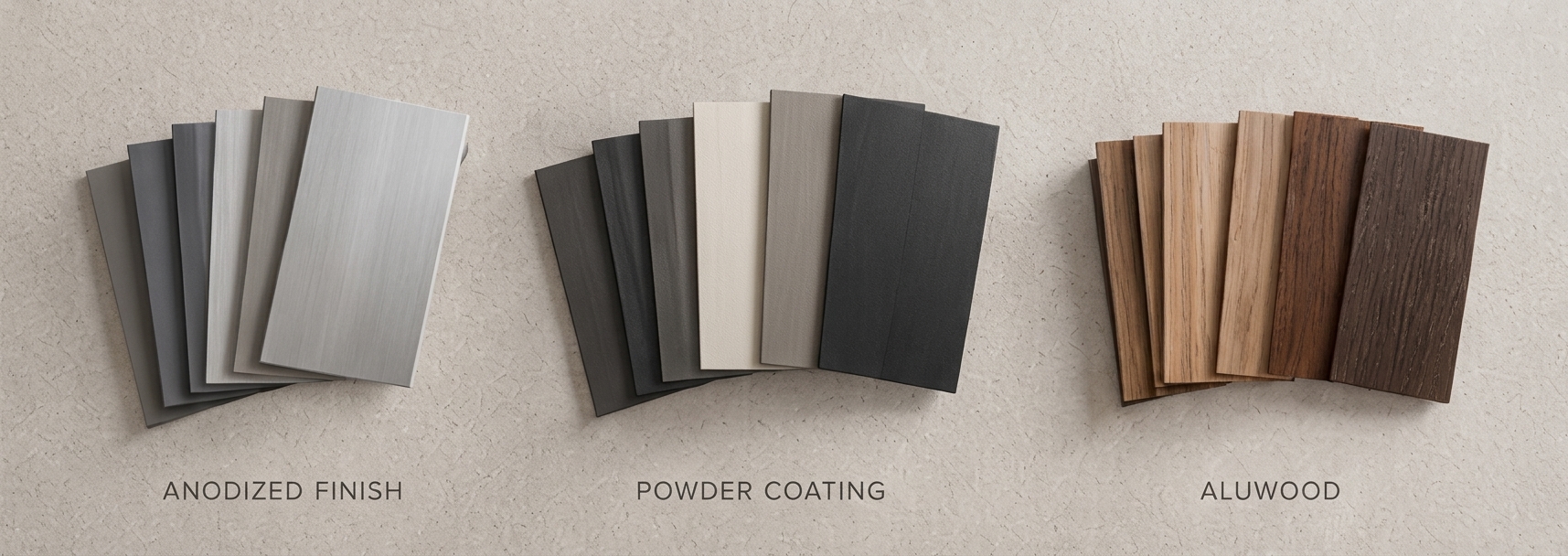 ตัวเลือกพื้นผิวเฟรมอลูมิเนียม Anodized Powder Coating และ Aluwood